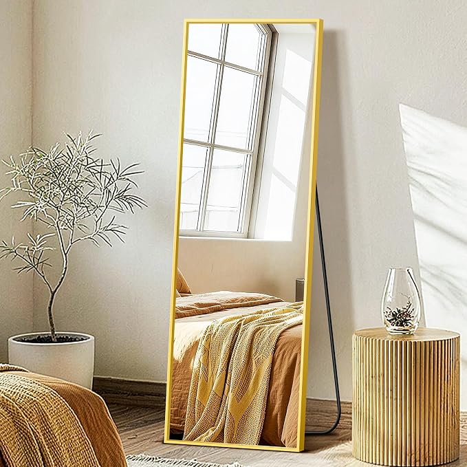 FICTOR Full Length Mirror with Stand, Floor Standing Mirror, 56"x15", Gold | HD Shatterproof Glass, Free-Standing or Wall-Mounted, Full Body Mirror for Bedroom, Living Room, Dressing Room, Entryway