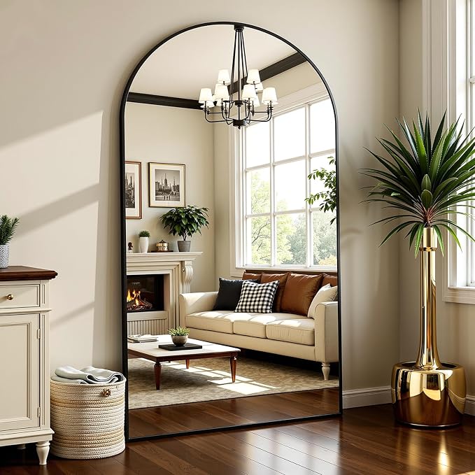 Full Length Mirror 82" L x 44" Full Body Standing Mirror for Bedroom, Living Room, Gym, Dorm - Shatter-Resistant & Easy Assembly, Arched Style Black