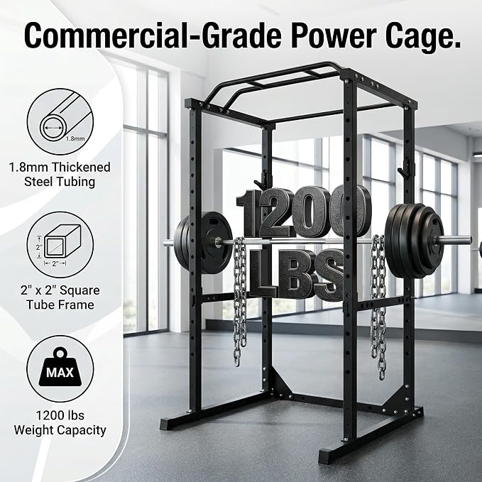 Squat Rack with Protection Arm, 1200 Lbs Capacitys All in One Power Cage, 44.3 x 45.6 x 81.5 Inch, 14.0 sq.ft Footprint Adjustable Fitness Power Gym Cage for Home Gym