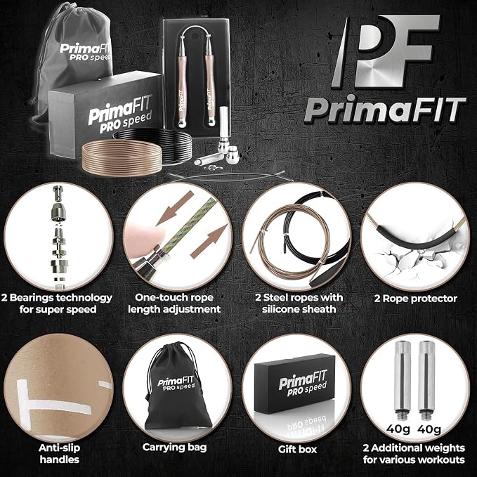 PrimaFIT Pro Speed Jump Rope for Adults, Weighted Skipping Rope for Boxing | Adjustable Jumping Rope for Fitness Workout & CrossFit Exercise, Double Unders, Handle Weights, 3m Cables 2 Protectors, Bag