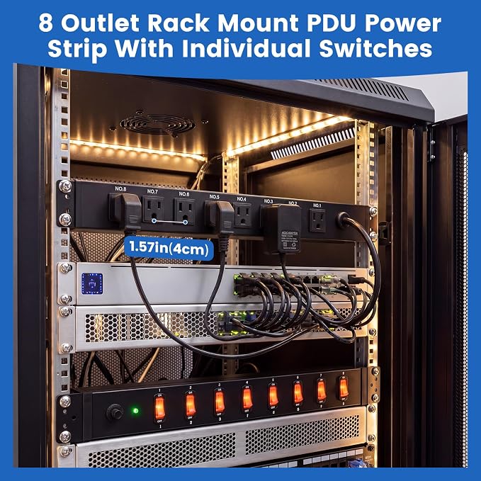 JUNNUJ PDU Rack Mount Power Strip, Heavy Duty 12 Gauge Cord, 4FT, 1 | 8 Outlets Individual Switches, Metal, Server Mountable Surge Protector.