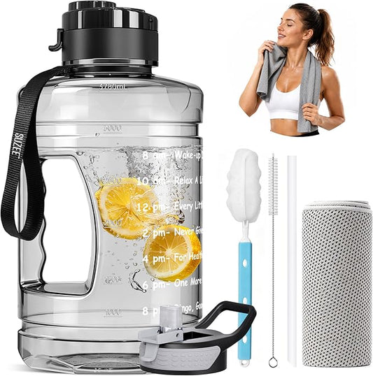 1 Gallon Water Bottle, Water Jug with Time Marker & Straw & Handle,2 Lids | BPA Free,Gallon Water Jug, Half Gallon water Bottle for Sport Gym Camping Workout Outdoors Yoga (Clear Black)