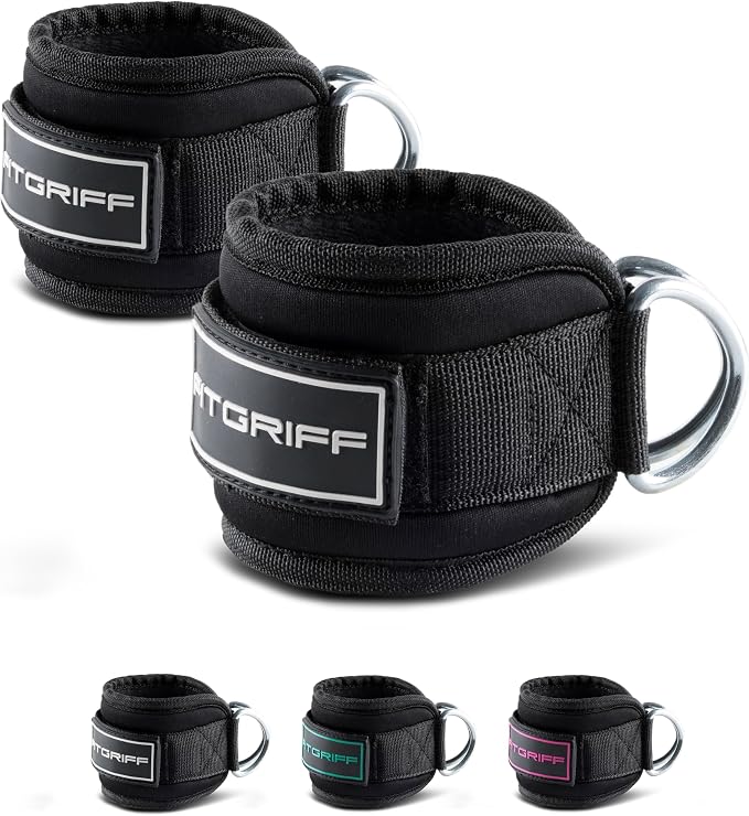 Fitgriff® Ankle Straps V3 for Cable Machine (2 Pieces) - Gym Workout Equipment - Leg Pulley Attachment, Kickback Straps