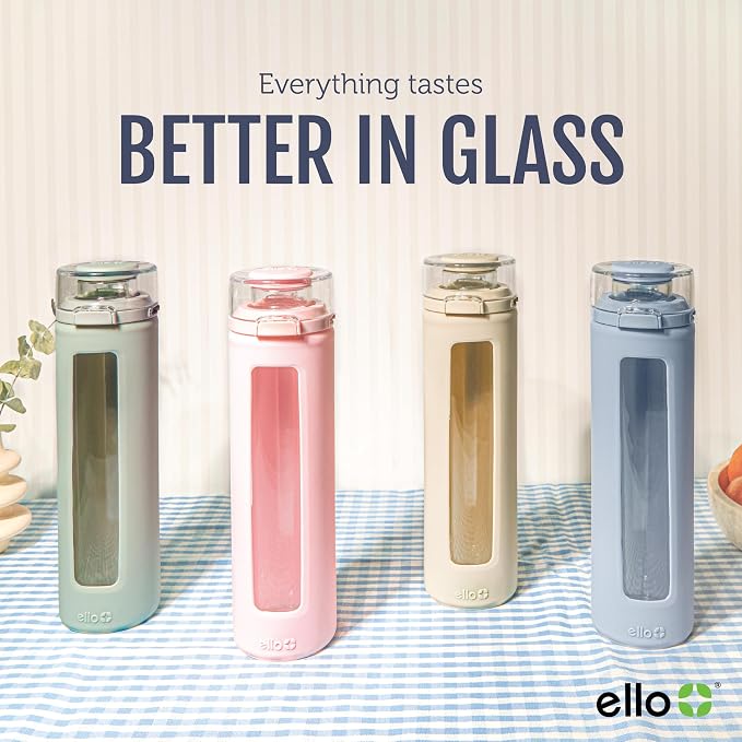 Ello Syndicate 20oz Glass Water Bottle with Flip Lid and Sleeve, Cashmere Pink