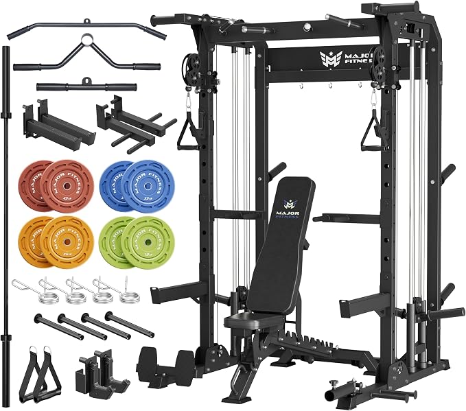 MAJOR FITNESS F22 Power Rack, 1600lbs All-in-One Squat Rack with Dual Pulley System, Heavy-Duty Steel Frame, Attachments & Storage for Home Gym Strength Training