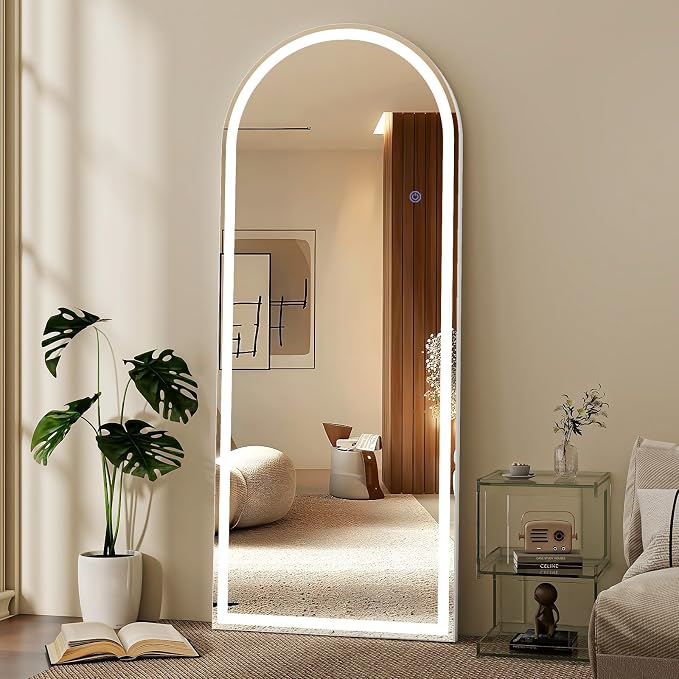 LED Arched Full Length Mirror with 3 Color Lighting 63"x20" | Floor Mirror with Dimming Aluminum Frame Standing Leaning or Hanging for Bedroom Cloakroom White