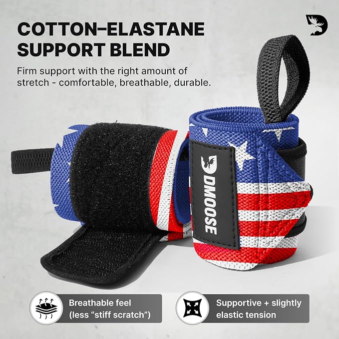 DMoose Fitness Wrist Wraps for Weightlifting 18" - Heavy Duty Gym Wrap with Hand Thumb Loop for Support & Pain Relief, USPA Approved Powerlifting, Weight Lifting Wrist Straps for Men & Women Work Out