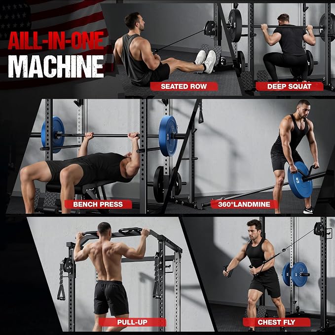 DP01 Power Cage, 2000LBS Squat Rack with Cable Crossover and Dual Independent Pulley System, Full Cage for Full Body Training, Power Rack with More Training Attachments for Home Gym