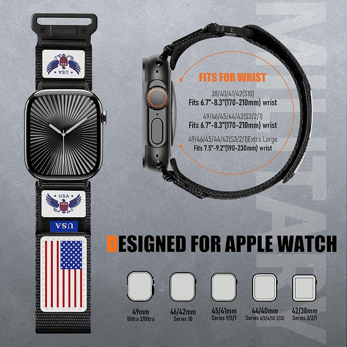 Rugged Nylon- Compatible with Apple Watch Ultra 3/ Ultra 2 Band 49mm Men,Tactical Soft Woven Stars- Stripes Flag Sport Strap for iWatch Bands 46mm 45mm 44mm 42mm Series 11 10 9 8 7 6 5 4 3 2 1 Se