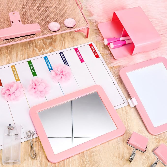 17 PCS Locker Accessories for Girls Locker Decoration Kit with Locker Shelf Magnetic Mirror Whiteboard Pen Holder Rug Wallpaper Lights Locker Organizer Set for School Dorm Gym Office (Pink)