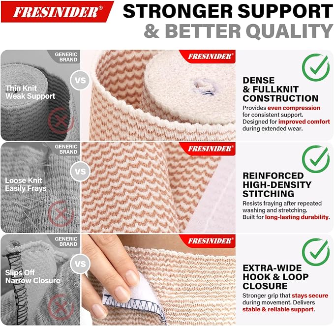 FRESINIDER Premium Elastic Bandage Wrap 8 Pack, 2-6 Inch, Hook and Loop | Assorted-Width Cotton Compression Set Covers Wrist, Ankle, Knee and Thigh; Secure Ends for Full-Body Support and First Aid.