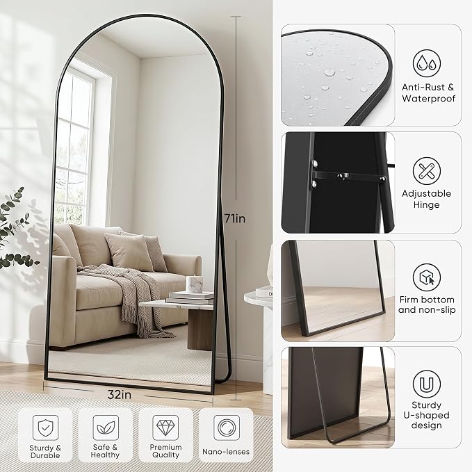 Full Length Mirror, 71"x32"Arched Floor Mirror Freestanding, Floor Standing Full Body Mirror with Stand for Bedroom, Hanging Mounted for Living Room Cloakroom