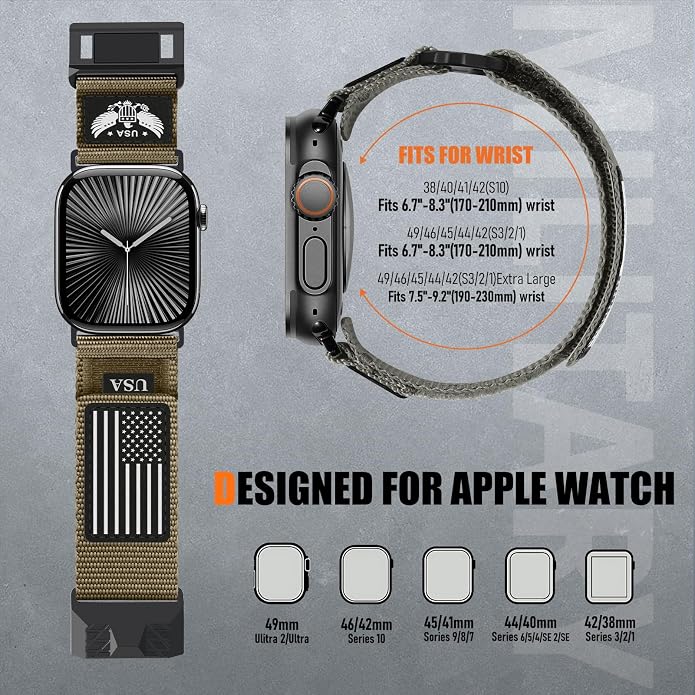 Rugged Nylon- Compatible with Apple Watch Ultra 3/ Ultra 2 Band 49mm Men,Tactical Soft Woven Stars- Stripes Flag Sport Strap for iWatch Bands 46mm 45mm 44mm 42mm Series 11 10 9 8 7 6 5 4 3 2 1 Se
