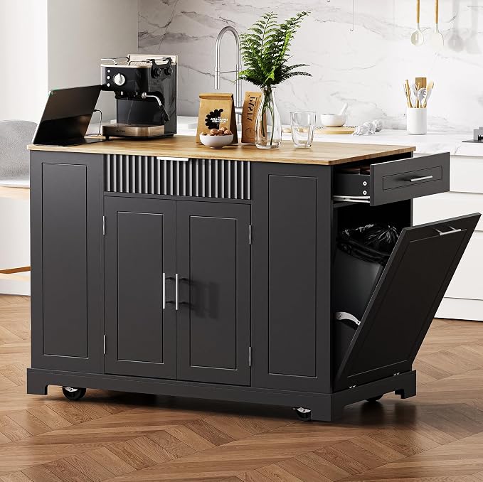 Merax Fluted Kitchen Island with Trash Can Storage Cabinet, Power Outlet, Internal Storage Rack, Rolling Kitchen Storage Cart on 5 Wheels with 3 Drawer, 3 Open Side Racks, Black