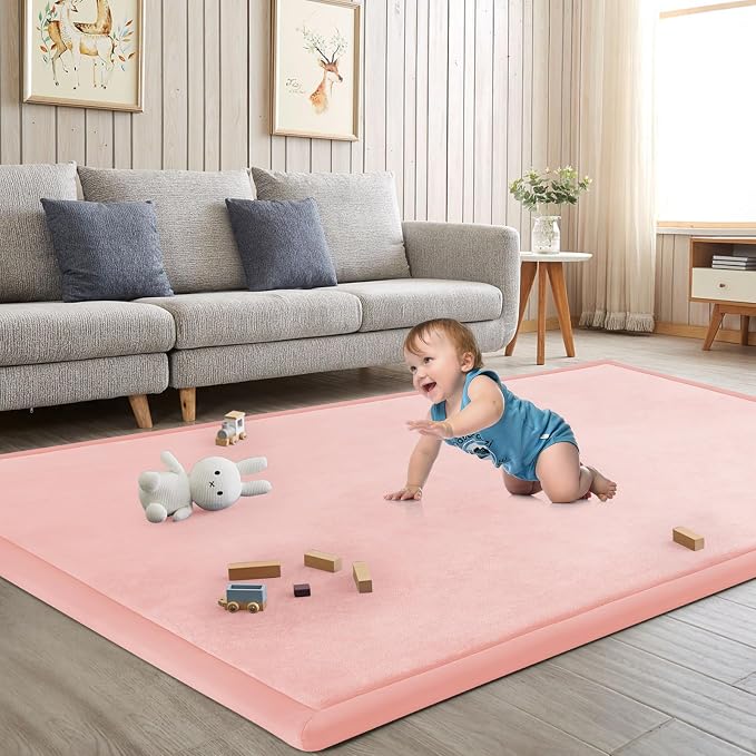 Baby Play Mat for Floor Nursery Rug Muscle Mat Area Rug Playroom Rug 74"x50" Playpen Mat Elastic Foam 1.3" Thick Crawling Mat for Babies,Toddlers, Infants, Kids,Light Pink