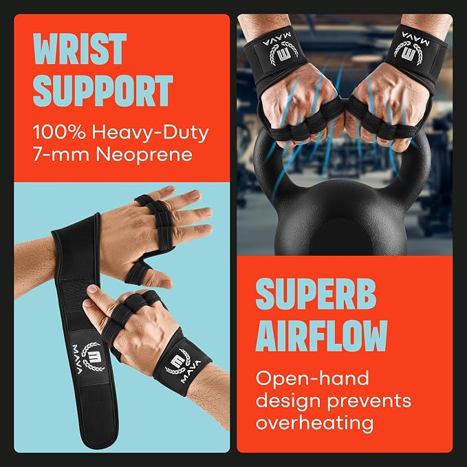 Mava Sports Open Gym Gloves with Integrated Wrist Support – Padded Weight Lifting Gloves for Men & Women – Silicone Grip Fingerless Workout Gloves for Cross Training & Fitness – 1 Pair
