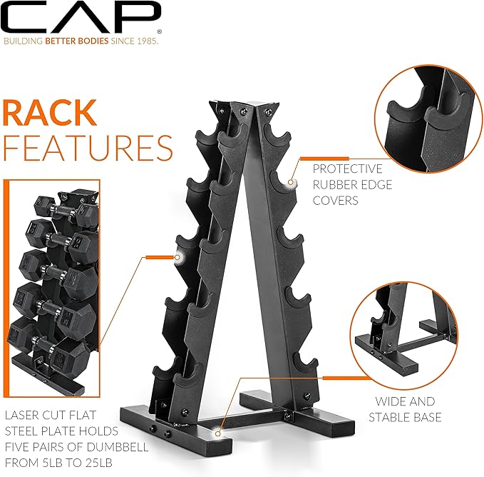 CAP Rubber Coated Hex Dumbbell Set with Storage Rack | 100–210 lb Options, Space-Saving Vertical Compact Storage for Home Gym Strength Training