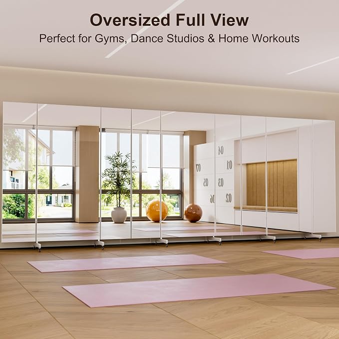 brisafe NanoMirror Non-Glass Ultra-Light Foldable Home Gym on Wheels, 63"x71" Extra Large Full Body Unbreakable Shatterproof Mirror, 360° Swivel for Yoga, Dance, Fitness Studio & Home Gym, White