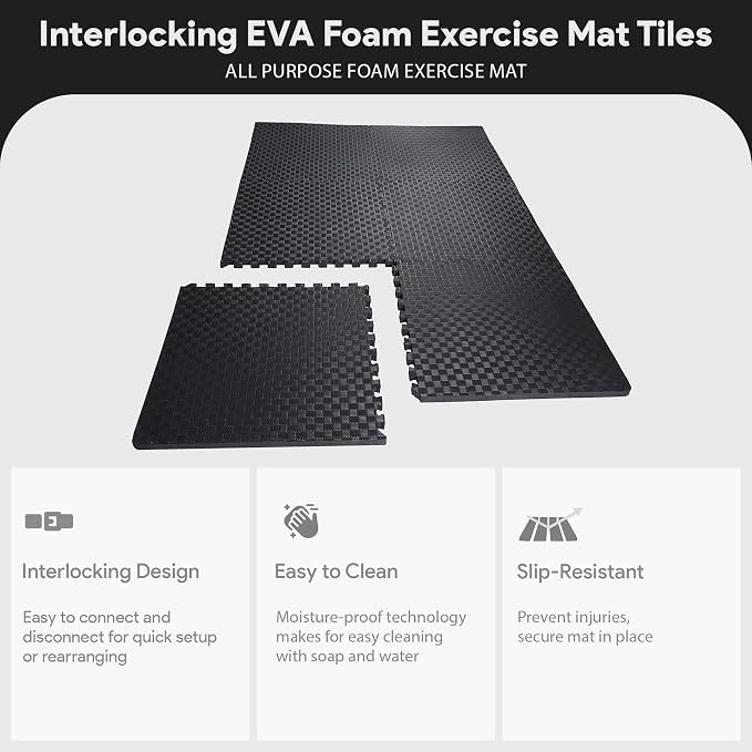 BalanceFrom Puzzle Exercise Mat 3/4" Thick, EVA Interlocking Foam Floor Tiles for Home Gym, Mat for Home Workout Equipment, Floor Padding for Kids, Black, 24 in x 24 in x 3/4 in, 24 Sq Ft - 6 Tiles | 7.5-10 Ft Adjustable Height - Indoor and Outdoor Hoo...