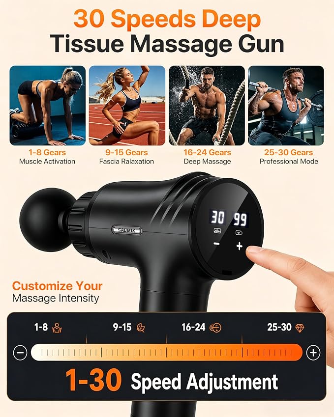 Massage Gun, 30 Speeds, 6 Heads, Quiet Deep Tissue Muscle Massager | Mini handheld percussion massager for back, neck, shoulders and body; ideal for athletes, workouts and muscle recovery.