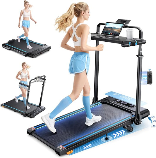 3.0HP Walking Pad Treadmill with Incline 2%-7%-12%, 6 in 1 Foldable Treadmill for Home with Removable Desk, Adjustable Handle Bar, RGB Lights, LED Display, Remote&APP Control, 330LBS Capacity