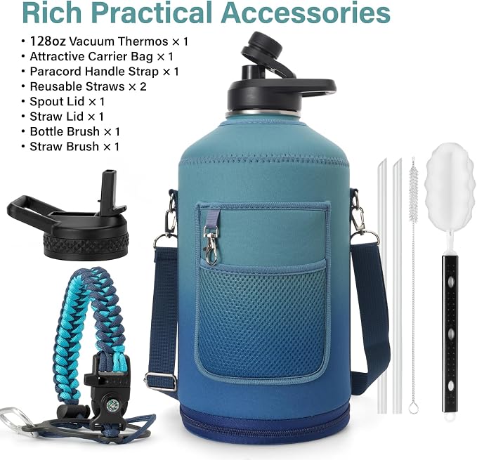 DYSANKY 1 Gallon Insulated Water Bottle | Upgraded Thickened Stainless Steel Metal Portable Sports Large Water Jug for Gym and Hiking with Carrier Bag, Handle Strap | BPA-Free 128 oz