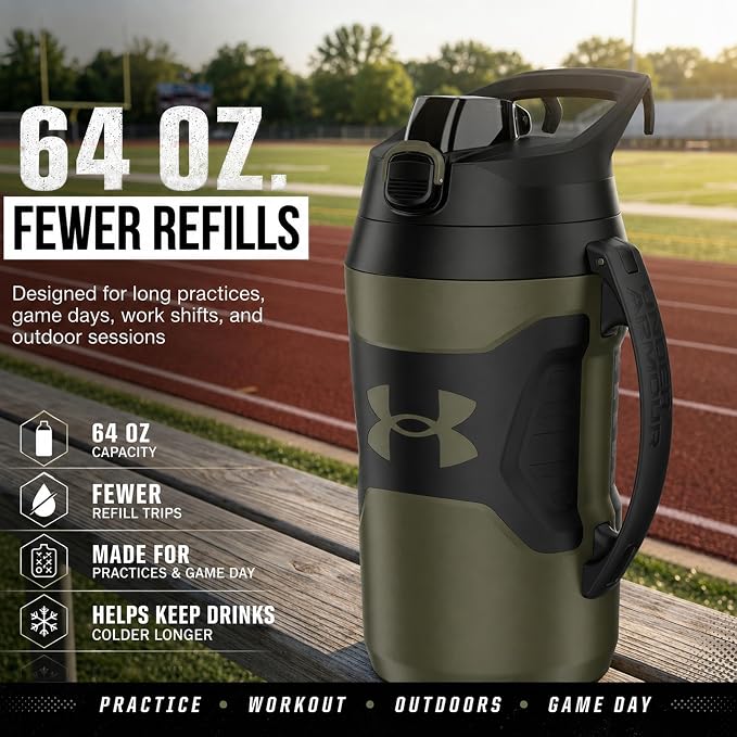 Under Armour Insulated Water Bottle with Handle & Fence Hook, Half Gallon Sports Water Jug, Leak-Resistant & BPA-Free for Baseball, Football & Gym - Marine OD Green, 64oz