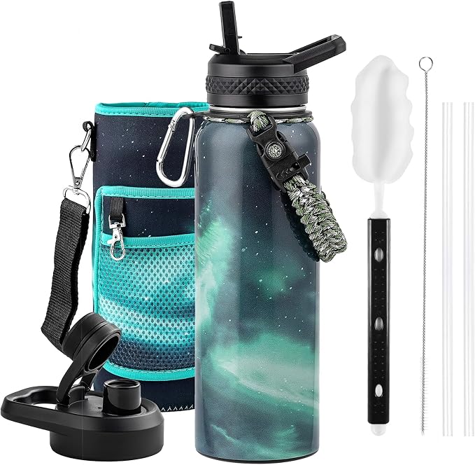 RAYMYLO Insulated Water Bottle 40 oz, Triple Wall Vacuum Stainless Steel | (Cold for 36Hrs, Hot for 18Hrs), Leak Proof & Non-BPA, Modern Water Flask Jug with Paracord Handle & Straw Spout Lids