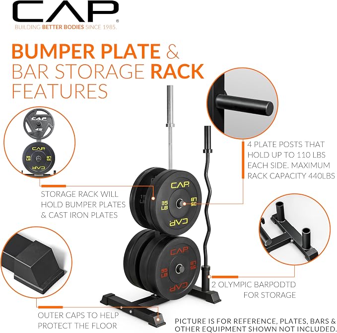 CAP Olympic Bumper Plate Tree Rack with Barbell Holders, Heavy-Duty Weight Plate Storage Rack for Home Gym, Steel Olympic Plate Organizer Stand, Multiple Color & Size Options