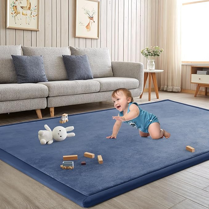 Baby Play Mat for Floor Nursery Rug Muscle Mat Area Rug Playroom Rug 50"x50" Playpen Mat Elastic Foam 1.3" Thick Crawling Mat for Babies,Toddlers, Infants, Kids,Sapphire Blue