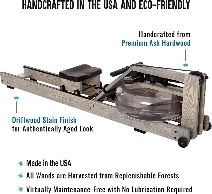 Water Rower Rowing Machine for Home Use, Solid Ash Wood Rower | Water Resistance with Smooth Natural Feel. Full Body Low Impact Cardio Trainer. Upright Space Saving Storage.