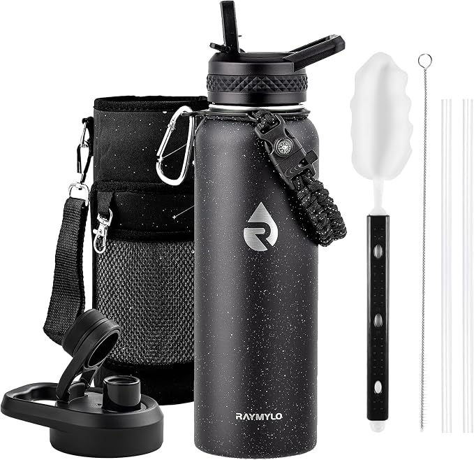 RAYMYLO Insulated Water Bottle 40 oz, Triple Wall Vacuum Stainless Steel | (Cold for 36Hrs, Hot for 18Hrs), Leak Proof & Non-BPA, Modern Water Flask Jug with Paracord Handle & Straw Spout Lids