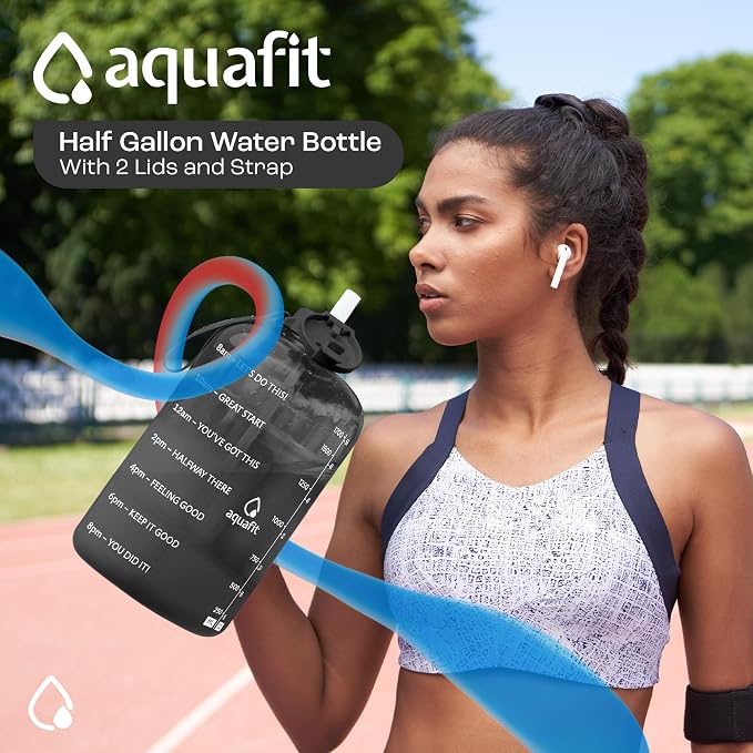 AQUAFIT Half Gallon Water Bottle with Time Marker - Straw & Chug Lid - BPA Free Gym Water Bottle with Straw - Big Gallon Jug (Clarity, 64 oz - 2 Lids) | BPA Free 64 oz Water Bottle with Straw and Chug Lids - Leakproof Gym Water Bottle with Carry Handle...
