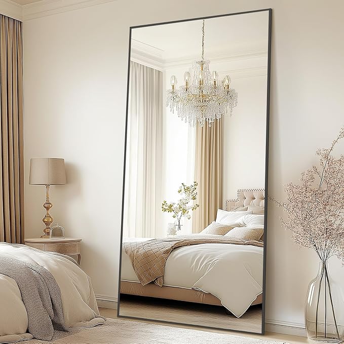 76"x34" Large Floor Mirror Full Length with Stand, Oversized Black | Free Standing or Leaning, Wall‑Mountable, for Bedroom Living Room Home Gym, Rectangular, Tempered Glass, Aluminum Frame