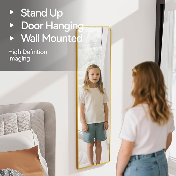 SCWF-GZ 57x16 Full Length Mirror Over The Door Hanging, Floor Stand/Wall Mounted Aluminum Alloy Frame Dressing Mirror for Bedroom Living Room 57 inch Gold