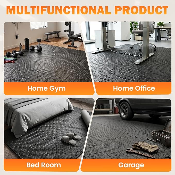 36 Tiles EVA Puzzle Exercise Floor Mats Set, Interlocking Foam Gym Tiles | 12.6"x12.6"x0.4", Water-Resistant Flooring for Home Gym, Workout Equipment, Kids' Play Areas, Garage Playroom - Black