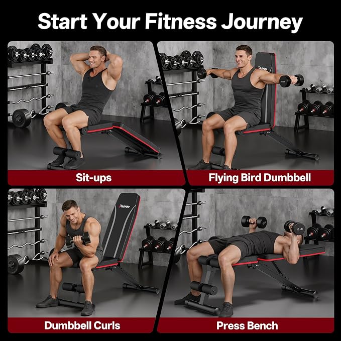 PASYOU Adjustable Weight Bench, Foldable, Incline Decline Flat, Bench Press with 660LBS, 95% Pre-Assembled, Compact Workout Bench Full Body Strength Training Bench for Home Gym, Wider Seat