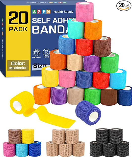 AZEN 20 Pack Self Adhesive Bandage Wrap, Elastic Cohesive Bandage Wrap, Color Athletic Tape, Vet Wrap, Ankle Tape