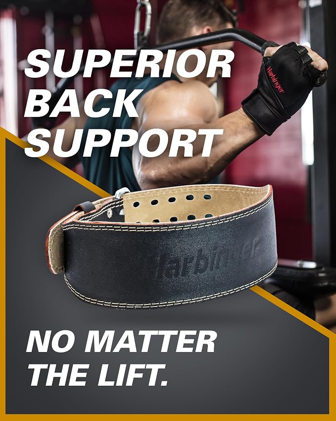 Harbinger Padded Leather Contoured Weightlifting Belt - 4" or 6” Width - Interior Suede Lining & Foam Cushioning - Heavy-Duty Dual Prong Steel Roller Buckle - for Lifting Support