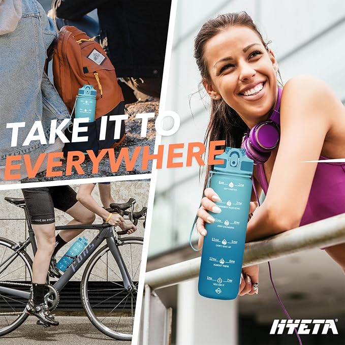 Hyeta Plastic Water Bottle With Straw & Time Marker, 32oz Leakproof Jug | Motivational Tritan BPA Free Gym Office Outdoor Intake Tracker Hourly Reminder Straw Lid Lightweight