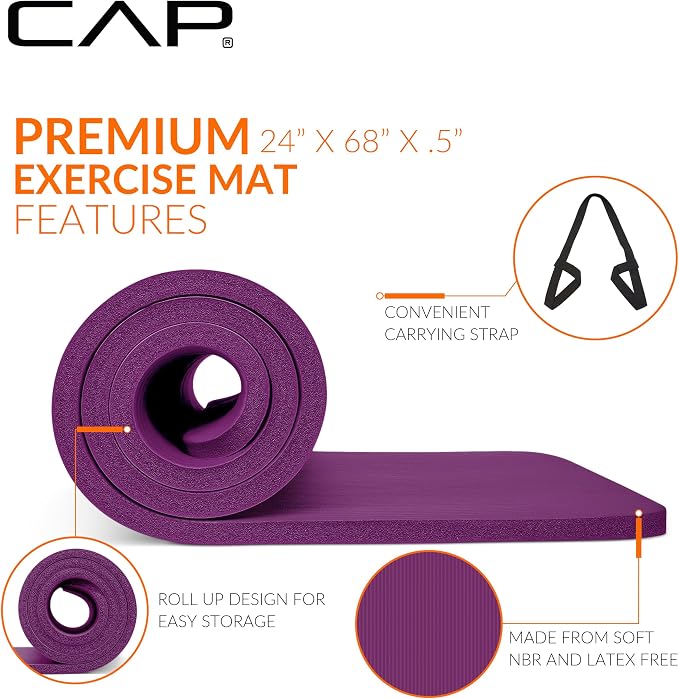 CAP Barbell 1/2-Inch High Density Exercise Yoga Mat with Strap | Multiple Options