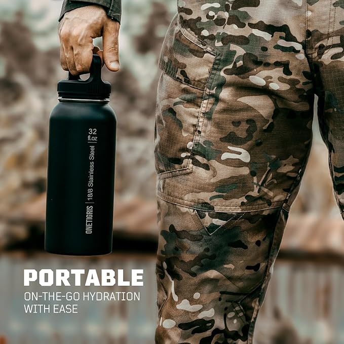 ONETIGRIS 32oz Insulated Tactical Water Bottle with Straw & MOLLE Sleeve | 3 Lids,Keeps Ice Cold 48H Hot 24H,304 Food-Grade Stainless Steel,360° Leakproof Silicone Seal,2 Straws Kit,Paracord Handle