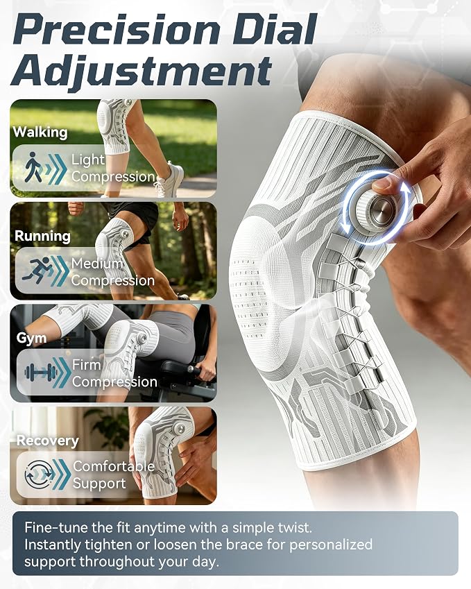 Knee Sleeve, Adjustable Knee Brace With Precision Dial, Patella Gel Pad & Side Stabilizers For Running, Workout