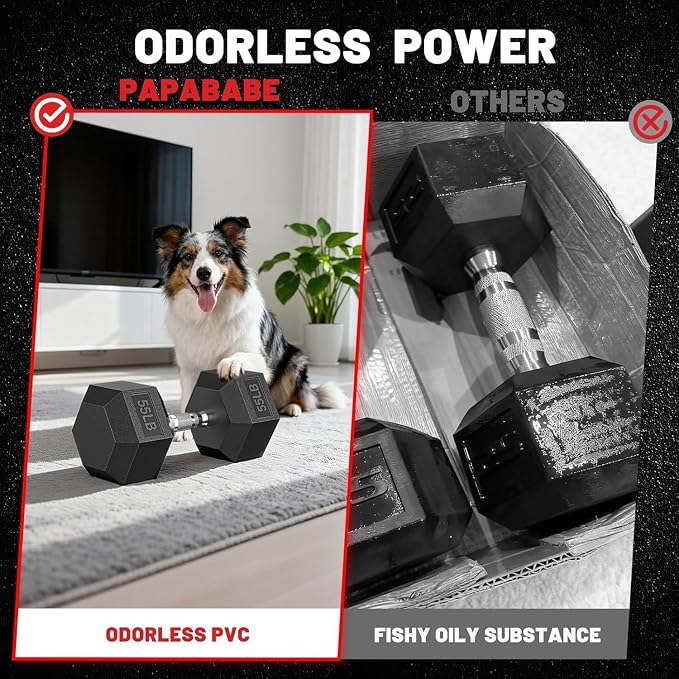 PAPABABE Dumbbell Set with Rack Dumbbells Rubber Encased Home Gym | PAPABABE Complete & Durable Cast Iron Core Odorless PVC Antiroll Hex Shape Ergonomic Chrome Handle Versatile Home Gym