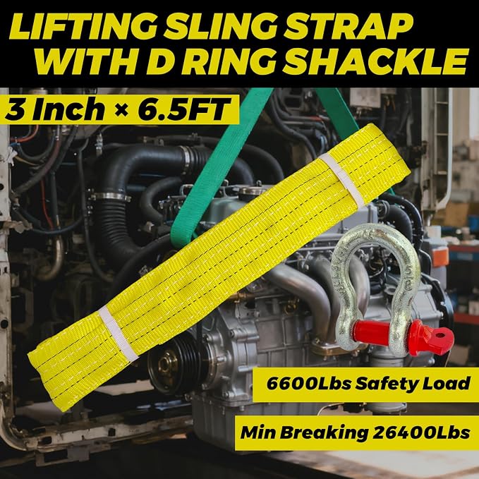 HENBOW Lifting Straps with D Ring Shackle,6.5' × 3" Heavy Duty Flat Lift Sling Straps for Hoist 6600 lbs Safety Load，Web Sling Car Tree Saver Winch Recovery