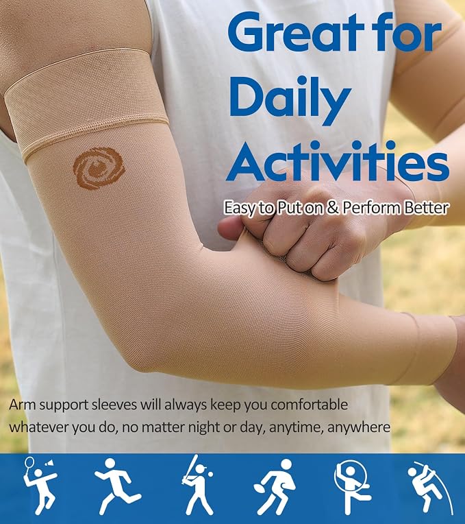 NURCOM Compression Arm Sleeve, 20-30 mmHg, With Silicone, Beige 2XL | For Lymphedema, Lipedema, Pain Relief, Edema, Swelling, Post Surgery Recovery, 2 Pack