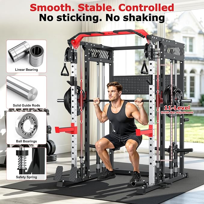 XDDIAS Smith Machine with Power Rack, 2300LBS Home Gym System with Dual Pulley Cable Crossover, Squat Rack with LAT Pulldown, Adjustable Power Cage for Strength Training, Full Body Workout Equipment