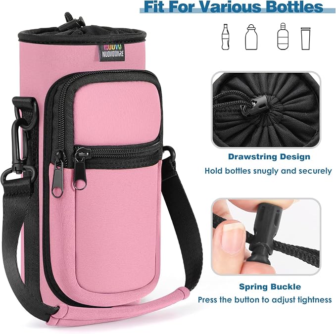 Nuovoware Water Bottle Carrier Bag, 25oz/32oz, Pink | Adjustable Shoulder Hand Strap, 2 Pocket, Neoprene Sleeve, For Hiking Travelling Camping