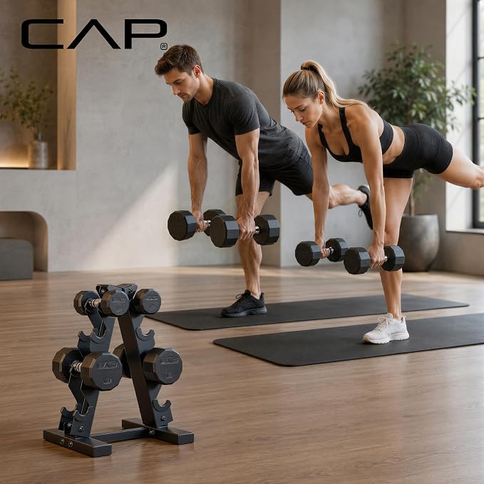 CAP Rubber Coated Hex Dumbbell Set with Storage Rack | 100–210 lb Options, Space-Saving Vertical Compact Storage for Home Gym Strength Training