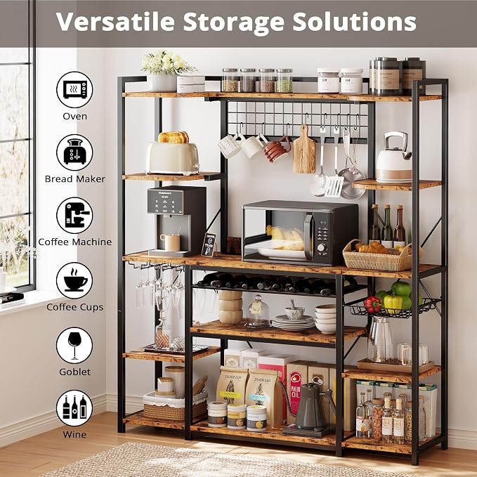 IRONCK 62.4-Inch Bakers Rack with Power Outlets and Wine Storage | 62.4-inch wide bakers rack combines 5 shelves, 3 AC outlets, a wine rack, basket, and S-hooks.